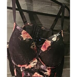 Torrid Curve Bra Sz 46C Floral Skull Black Satin Lace Half Bustier Boning Wire